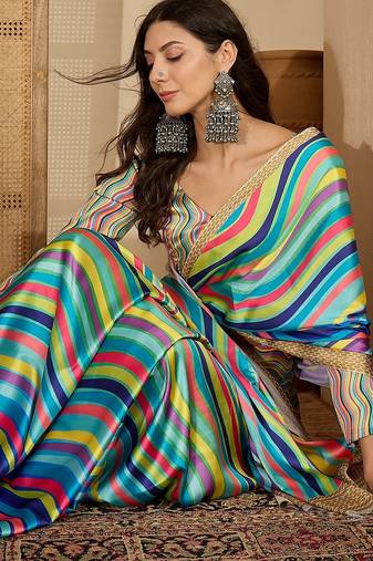Women's multi satin printed saree with unstitched blouse piece
