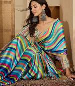 Women's multi satin printed saree with unstitched blouse piece