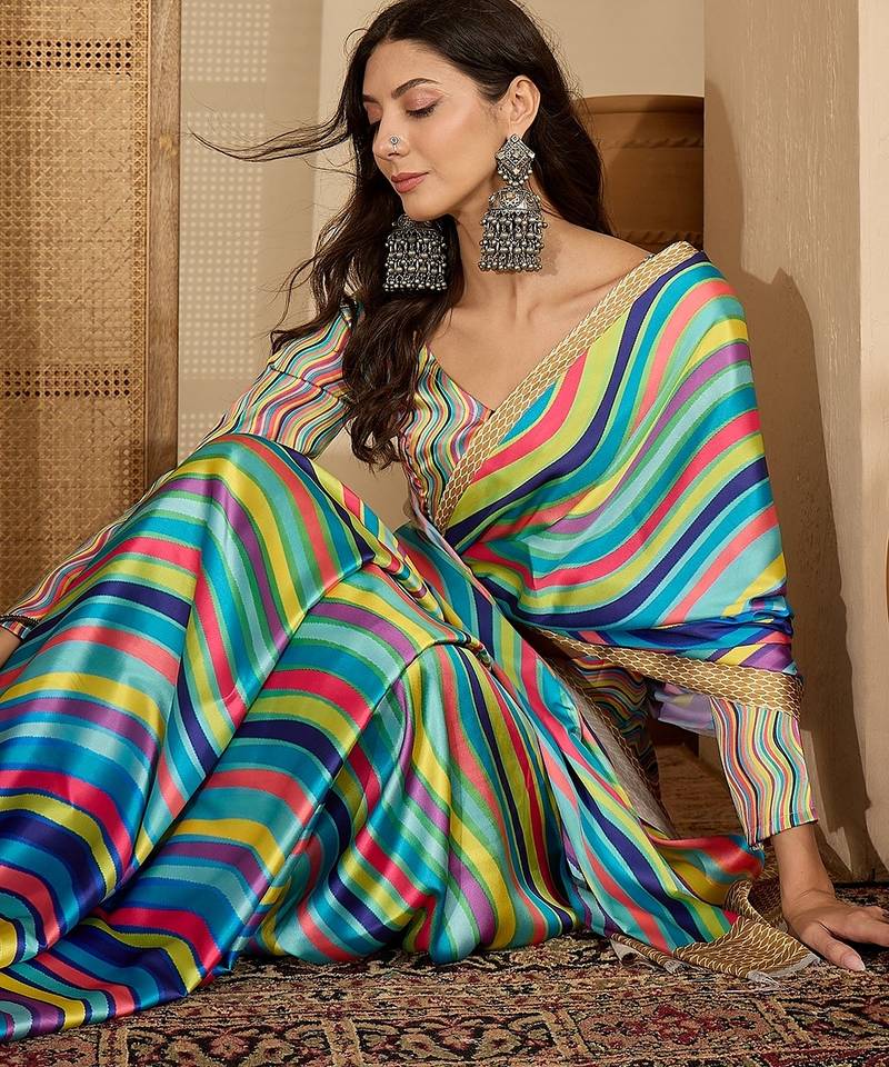 Women's multi satin printed saree with unstitched blouse piece