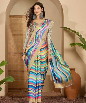 Women's multi satin printed saree with unstitched blouse piece 2
