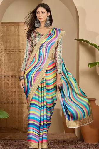 Women's multi satin printed saree with unstitched blouse piece