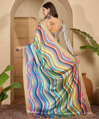 Women's multi satin printed saree with unstitched blouse piece 3