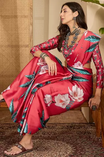 Women's red satin printed saree with unstitched blouse piece