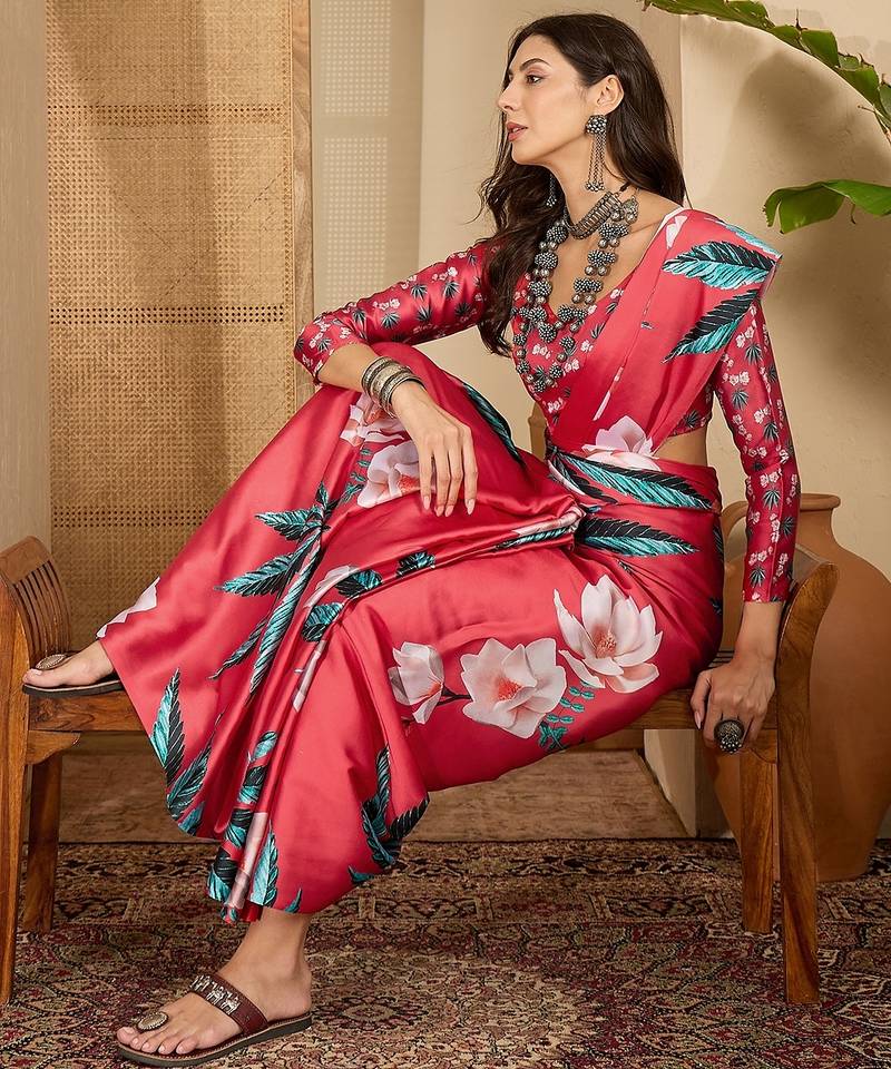 Women's red satin printed saree with unstitched blouse piece