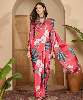 Women's red satin printed saree with unstitched blouse piece 2