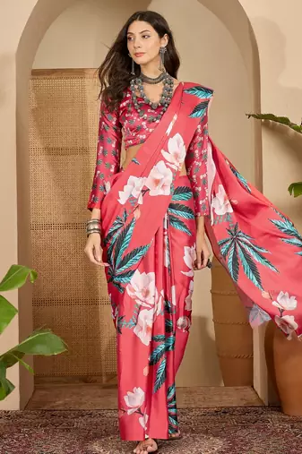 Women's red satin printed saree with unstitched blouse piece