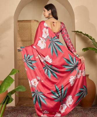 Women's red satin printed saree with unstitched blouse piece 3