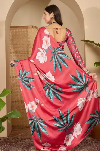 Women's red satin printed saree with unstitched blouse piece