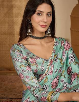 Women's sea green satin printed saree with unstitched blouse piece 2
