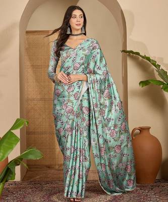 Women's sea green satin printed saree with unstitched blouse piece 1