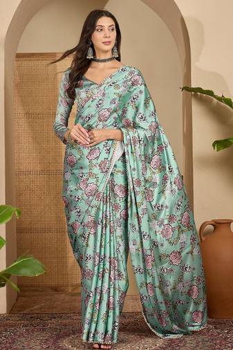 Women's sea green satin printed saree with unstitched blouse piece
