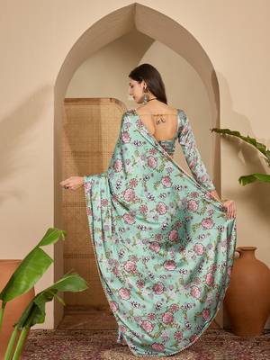 Women's sea green satin printed saree with unstitched blouse piece 3