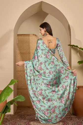 Women's sea green satin printed saree with unstitched blouse piece