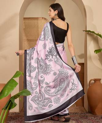 Women's pink satin printed saree with unstitched blouse piece 3