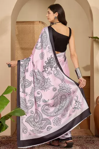Women's pink satin printed saree with unstitched blouse piece