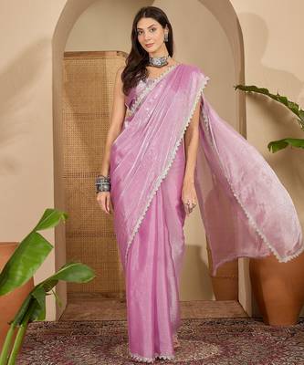 women's pink silk blend chiffon swaroski work saree with unstitched blouse piece 1