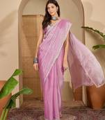 women's pink silk blend chiffon swaroski work saree with unstitched blouse piece