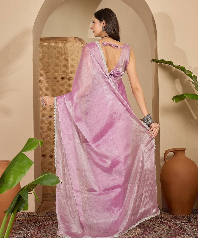 women's pink silk blend chiffon swaroski work saree with unstitched blouse piece