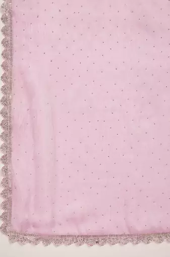 women's pink silk blend chiffon swaroski work saree with unstitched blouse piece
