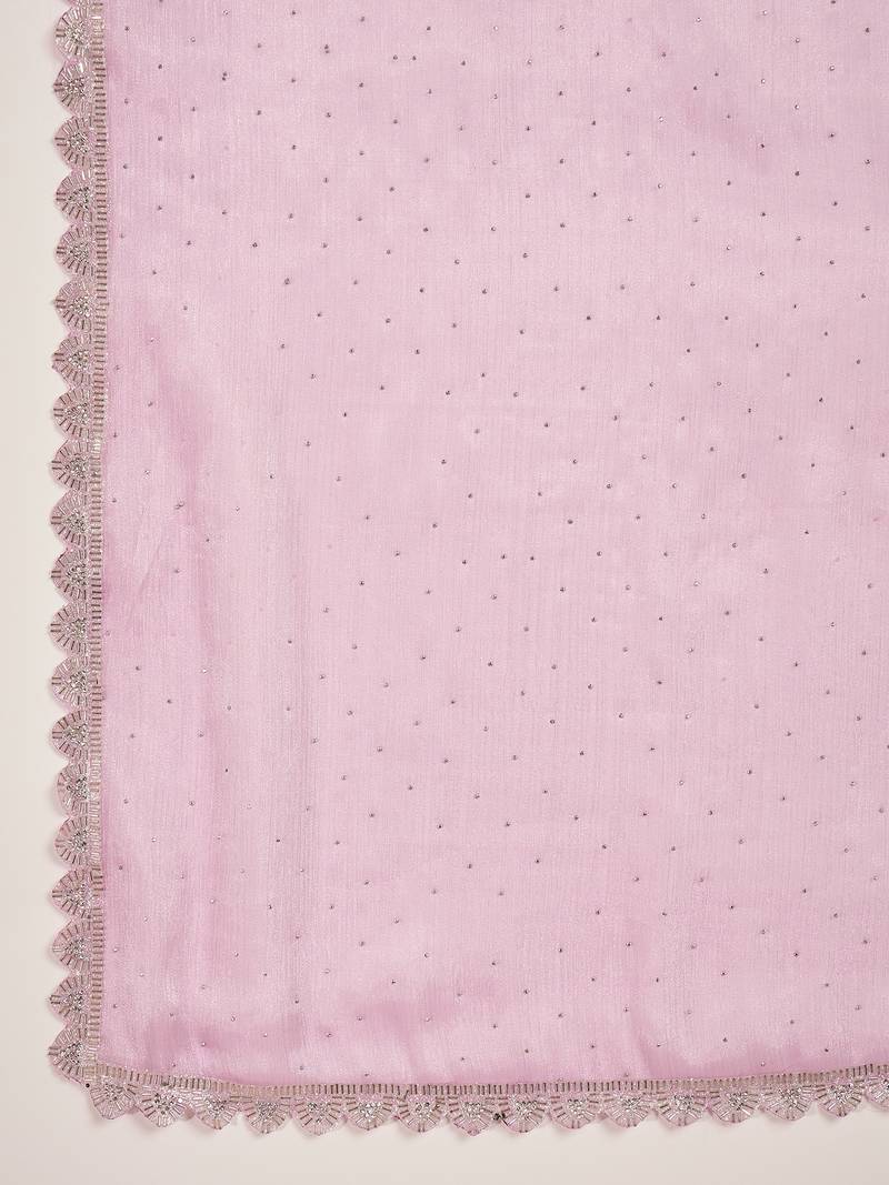 women's pink silk blend chiffon swaroski work saree with unstitched blouse piece