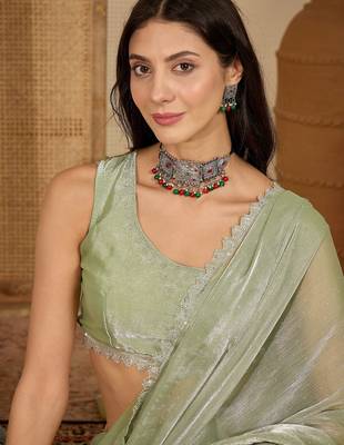women's pista silk blend chiffon swaroski work saree with unstitched blouse piece 2