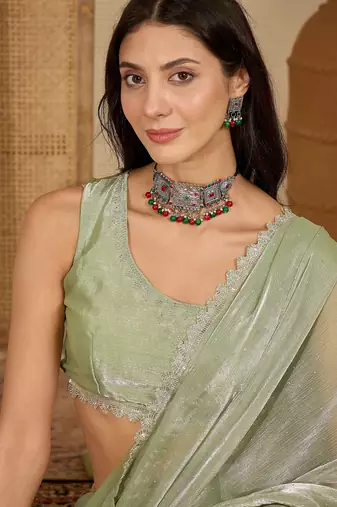 women's pista silk blend chiffon swaroski work saree with unstitched blouse piece