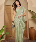 women's pista silk blend chiffon swaroski work saree with unstitched blouse piece