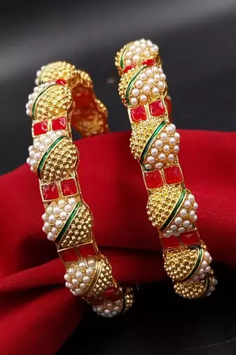 Festive red & pearl beaded bangles