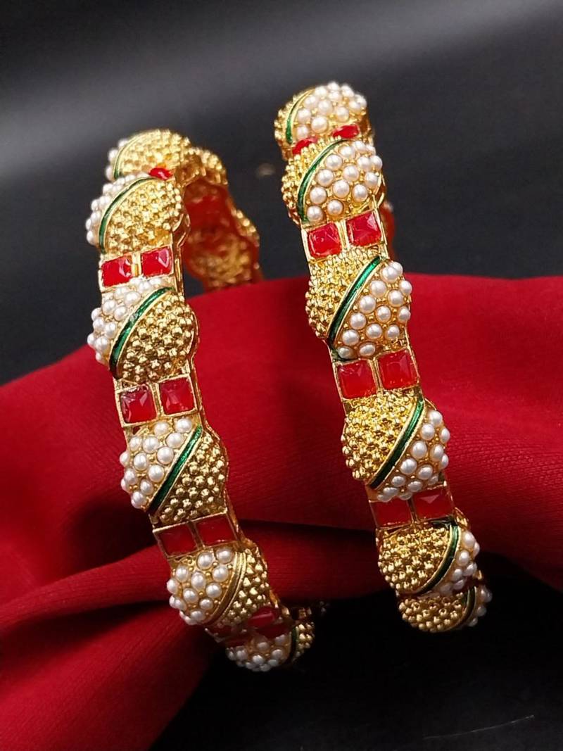 Festive red & pearl beaded bangles