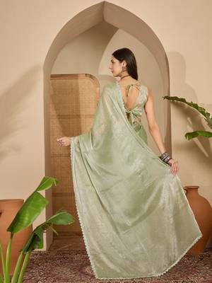 women's pista silk blend chiffon swaroski work saree with unstitched blouse piece 3