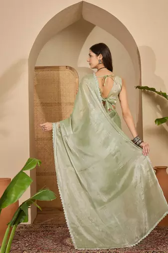 women's pista silk blend chiffon swaroski work saree with unstitched blouse piece