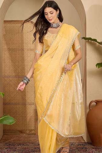 women's yellow silk blend chiffon swaroski work saree with unstitched blouse piece