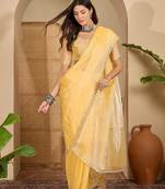 women's yellow silk blend chiffon swaroski work saree with unstitched blouse piece
