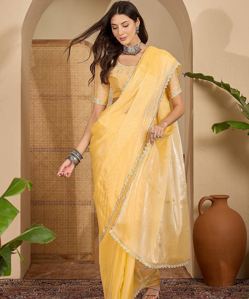 women's yellow silk blend chiffon swaroski work saree with unstitched blouse piece