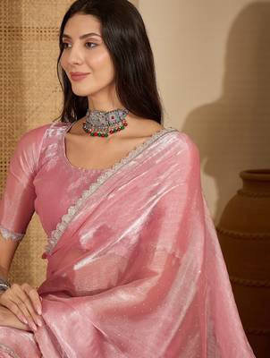 women's peach silk blend chiffon swaroski work saree with unstitched blouse piece 2