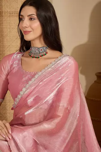 women's peach silk blend chiffon swaroski work saree with unstitched blouse piece