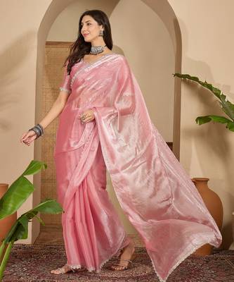 women's peach silk blend chiffon swaroski work saree with unstitched blouse piece 1
