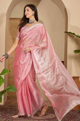 women's peach silk blend chiffon swaroski work saree with unstitched blouse piece