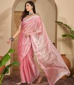 women's peach silk blend chiffon swaroski work saree with unstitched blouse piece