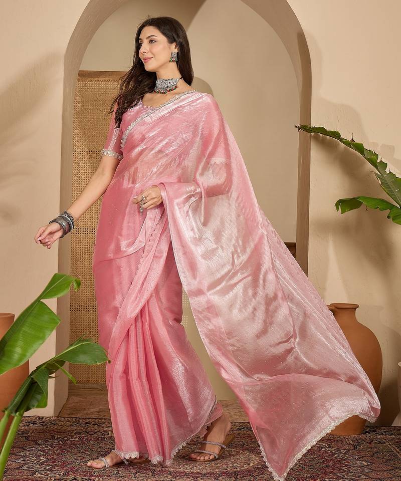 women's peach silk blend chiffon swaroski work saree with unstitched blouse piece