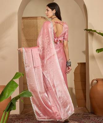 women's peach silk blend chiffon swaroski work saree with unstitched blouse piece 3