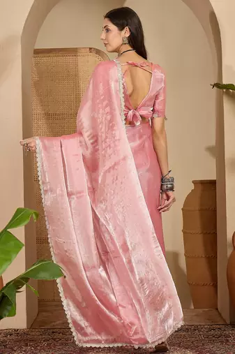 women's peach silk blend chiffon swaroski work saree with unstitched blouse piece