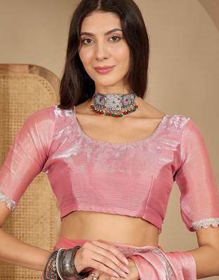 women's peach silk blend chiffon swaroski work saree with unstitched blouse piece 4