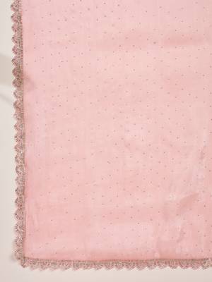 women's peach silk blend chiffon swaroski work saree with unstitched blouse piece 5