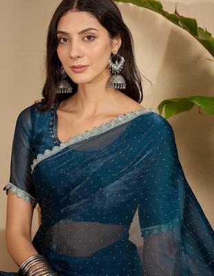 women's teal silk blend chiffon swaroski work saree with unstitched blouse piece 2