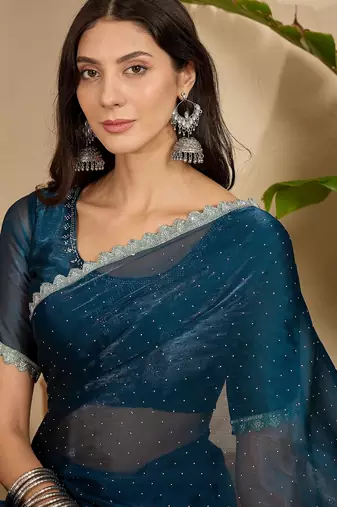 women's teal silk blend chiffon swaroski work saree with unstitched blouse piece
