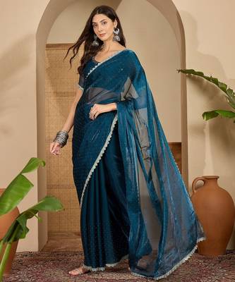 women's teal silk blend chiffon swaroski work saree with unstitched blouse piece 1