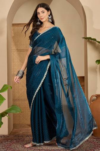 women's teal silk blend chiffon swaroski work saree with unstitched blouse piece