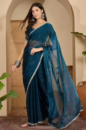 women's teal silk blend chiffon swaroski work saree with unstitched blouse piece