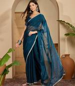 women's teal silk blend chiffon swaroski work saree with unstitched blouse piece